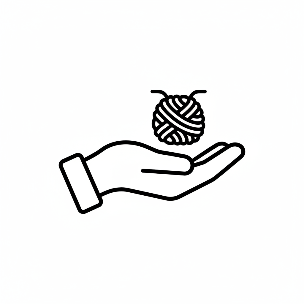 Black and white large format icon for “Handmade”. Include a hand holding a small craft item or thread. Artisanal style, clean and modern, simple lines, easy to read on product packaging, no shading, no colors, no text, vector style. 